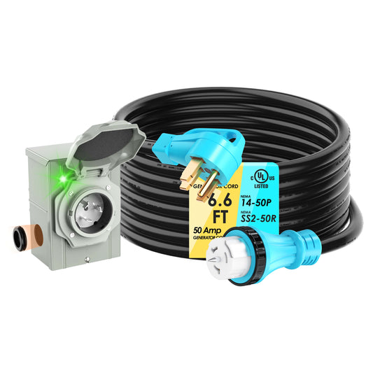 UL Listed 50 Amp Generator Cord and Power Inlet Box Combo Kit NEMA 14-50P Male to SS2-50R STW 6/3+8/1 AWG 125/250V Twist Locking with Inlet Box for Generator to House