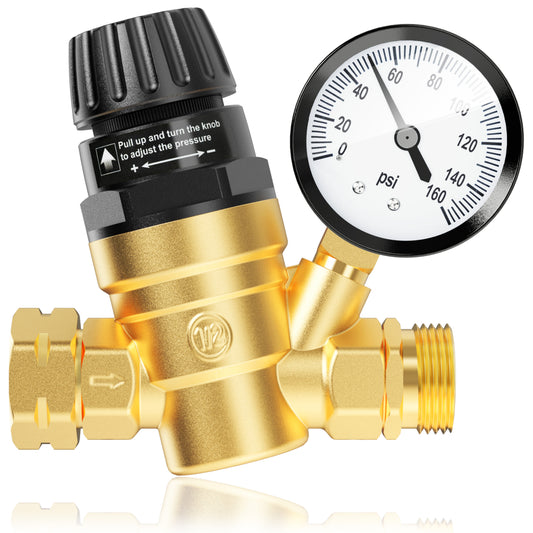 RV Water Pressure Regulator Valve, Brass Lead-Free Adjustable Water Pressure Reducer with Gauge and Inlet Filter for RV Camper and Travel Trailer
