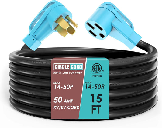 CircleCord 50 Amp 15 Feet RV/EV Extension Cord, Heavy Duty 6/3+8/1 Gauge STW Wire, NEMA 14-50P/R Suit for Tesla Model 3/S/X/Y EV Charging and RV Trailer Campers