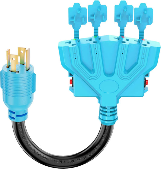 4 Prong 30 Amp to 15 Amp Generator Distribution Adapter, NEMA L14-30P Male to 4X 5-15R/5-20R T-Blade Female with Dust Protection Caps, 10 Gauge 125/250V 7500W