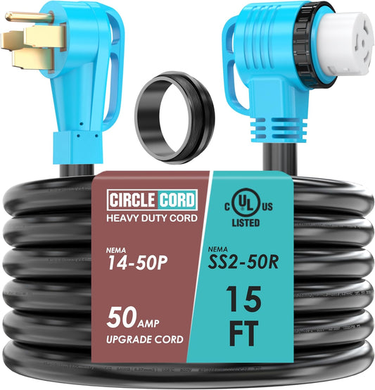 CircleCord UL Listed 50 Amp 50 Feet RV/Generator Cord with Locking Connector, Heavy Duty 6/3+8/1 Gauge STW Wire, 14-50P Male and SS2-50R Twist Locking Female for RV Camper and Generator to House
